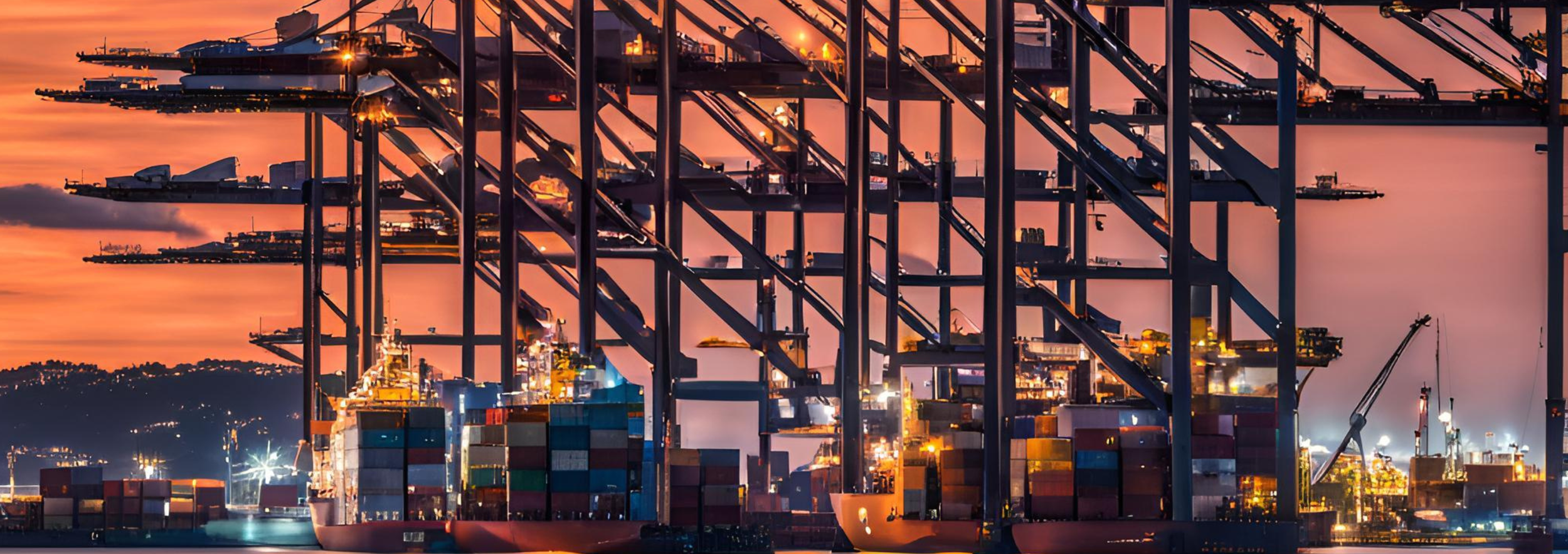 Container terminal cranes illuminated beside the water